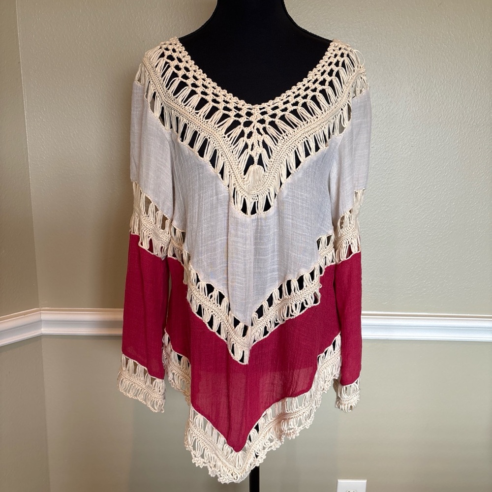 Boho Crochet Fringe Tunic Top Red & Cream Chevron Festival Beach Size Small